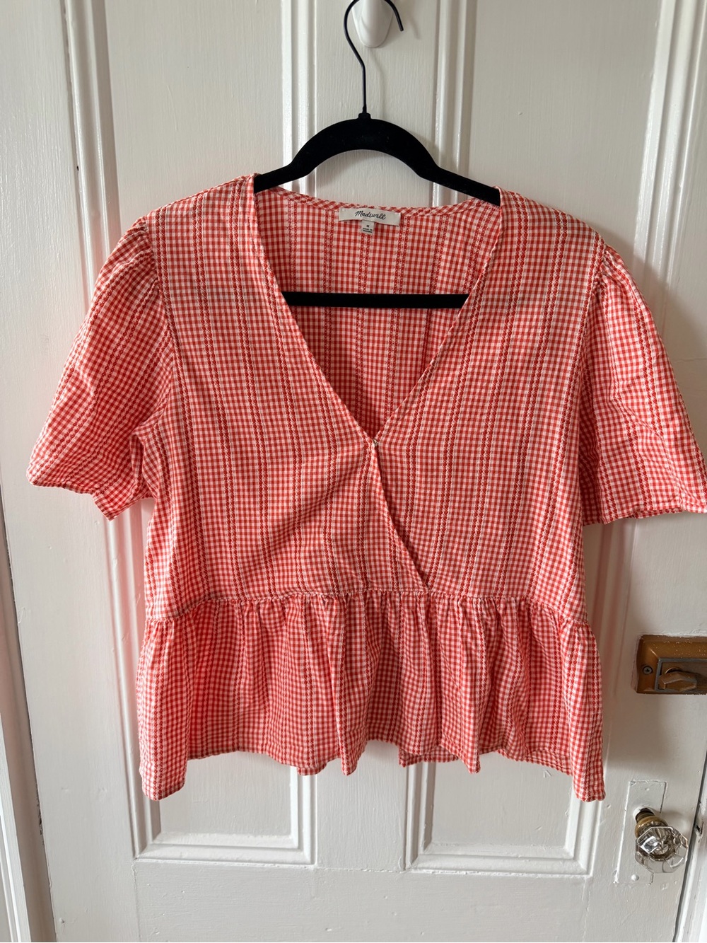 Madewell Coral Gingham V-Neck Peplum Blouse
